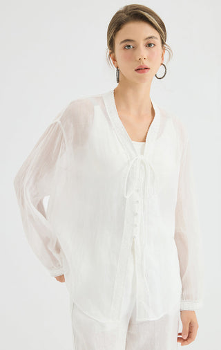 Linen Blouse with Lace Trim