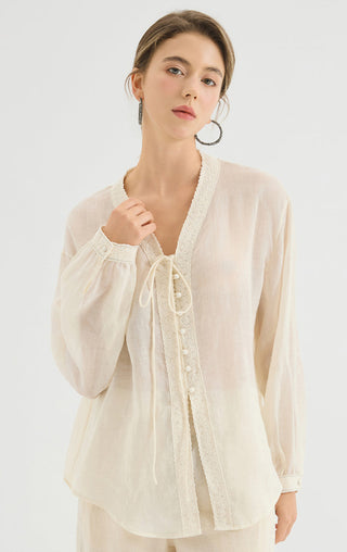 Linen Blouse with Lace Trim