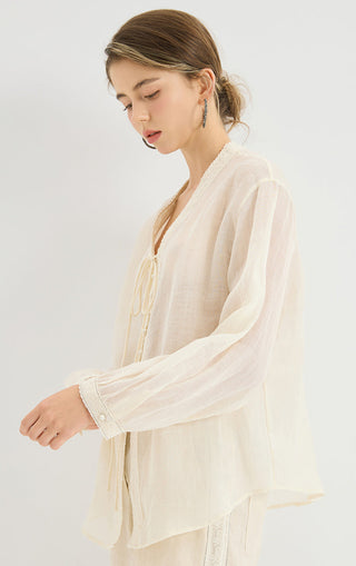 Linen Blouse with Lace Trim