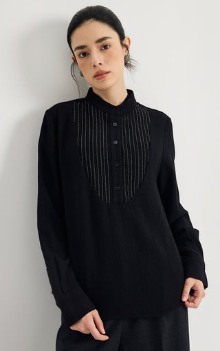Beaded Pinstripe 100% Wool Blouse