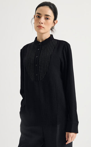 Beaded Pinstripe 100% Wool Blouse