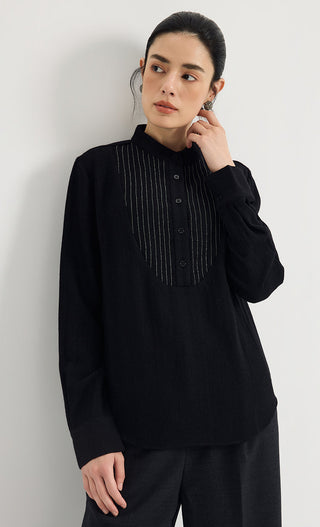 Beaded Pinstripe 100% Wool Blouse