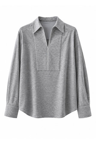 Wool blouse with spread collar, long sleeves, half-zip placket, heather grey