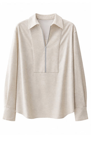 Wool blouse with spread collar, long sleeves, and half-zip placket, khaki