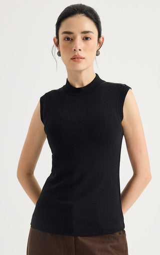 Beaded Shoulder Mock-Neck Sleeveless Top