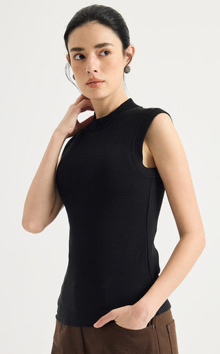 Beaded Shoulder Mock-Neck Sleeveless Top