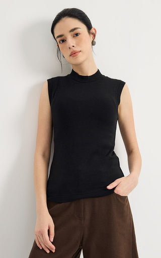 Beaded Shoulder Mock-Neck Sleeveless Top