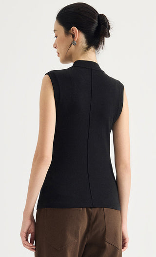 Beaded Shoulder Mock-Neck Sleeveless Top