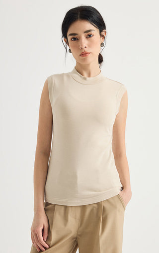 Beaded Shoulder Mock-Neck Sleeveless Top