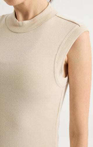 Beaded Shoulder Mock-Neck Sleeveless Top