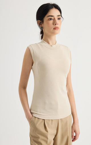 Beaded Shoulder Mock-Neck Sleeveless Top