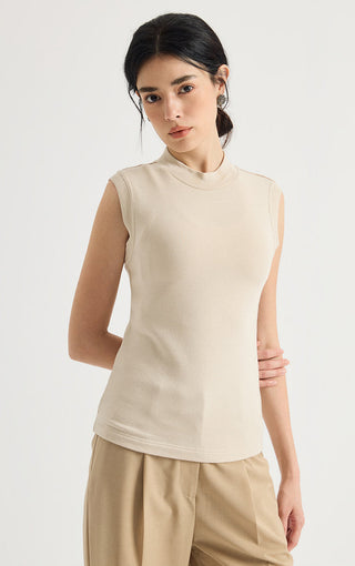 Beaded Shoulder Mock-Neck Sleeveless Top