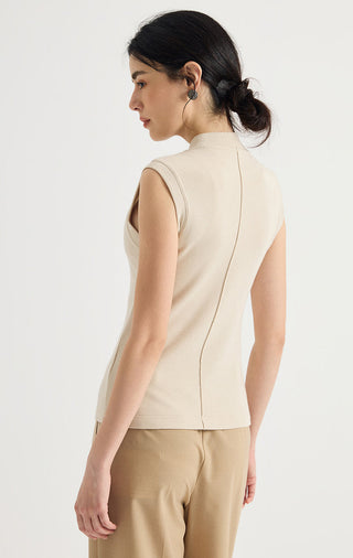Beaded Shoulder Mock-Neck Sleeveless Top