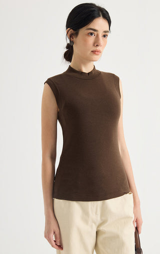 Beaded Shoulder Mock-Neck Sleeveless Top
