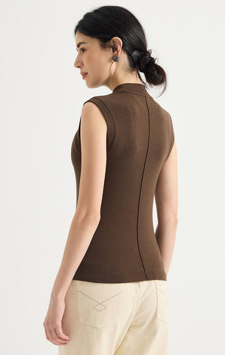 Beaded Shoulder Mock-Neck Sleeveless Top