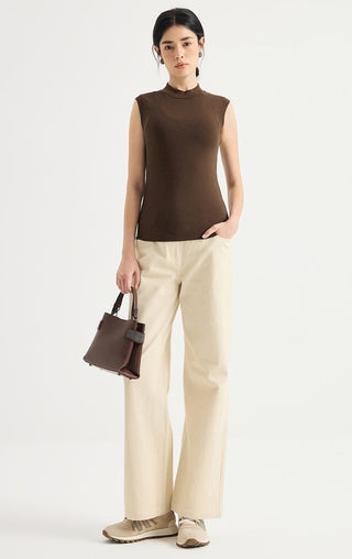 Beaded Shoulder Mock-Neck Sleeveless Top