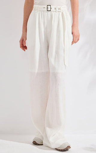 Linen Wide-Leg Pants with Metal buckle belt - serathinan 