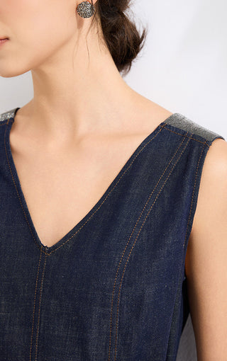Cotton Blend Belted A-Line Denim Dress