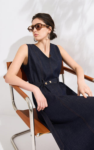 Cotton Blend Belted A-Line Denim Dress