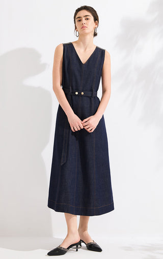 Cotton Blend Belted A-Line Denim Dress