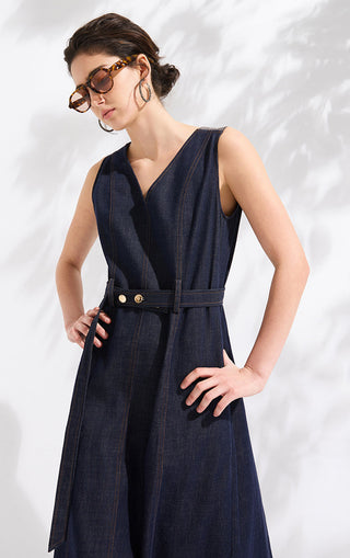 Cotton Blend Belted A-Line Denim Dress