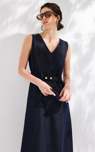 Cotton Blend Belted A-Line Denim Dress