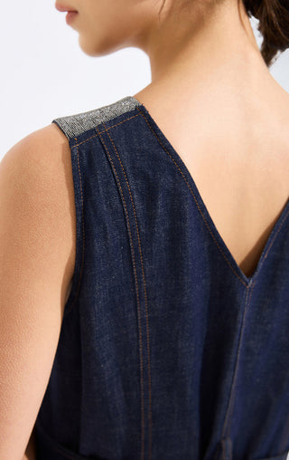 Cotton Blend Belted A-Line Denim Dress