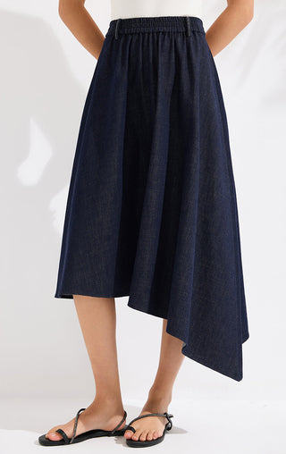 Denim blue asymmetric midi skirt, gathered elastic waist, layered uneven hem