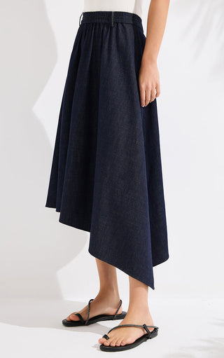 Denim blue cotton-linen midi skirt with elastic waistband and long uneven side hem