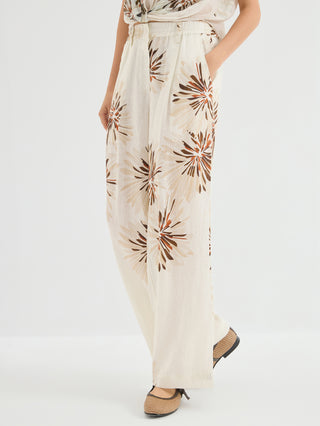 Linen Floral Print Wide Leg Pants