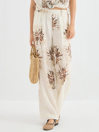 Linen Floral Print Wide Leg Pants