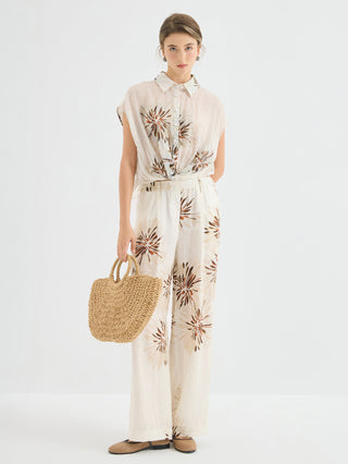 Linen Floral Print Wide Leg Pants