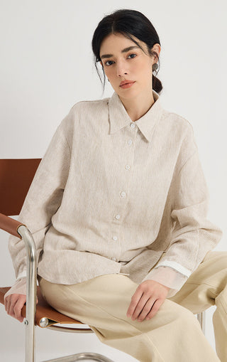 Linen-Silk Striped Contrast-Cuff Shirt