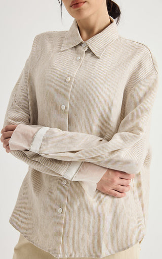 Linen-Silk Striped Contrast-Cuff Shirt