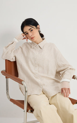 Linen-Silk Striped Contrast-Cuff Shirt