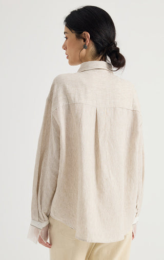 Linen-Silk Striped Contrast-Cuff Shirt