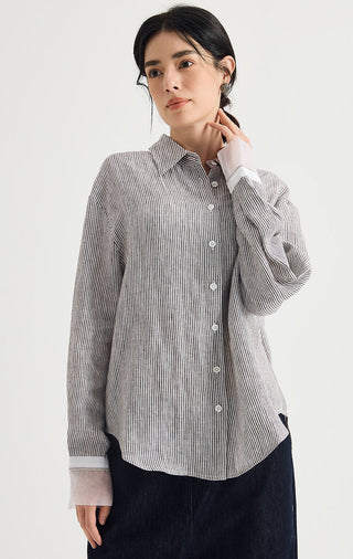 Linen-Silk Striped Contrast-Cuff Shirt