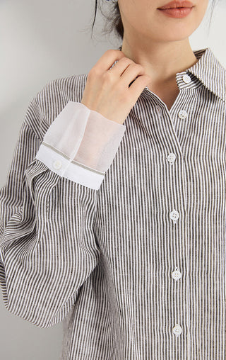 Linen-Silk Striped Contrast-Cuff Shirt