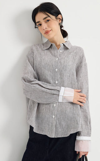 Linen-Silk Striped Contrast-Cuff Shirt
