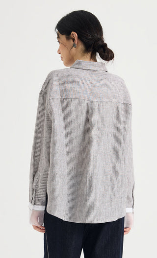 Linen-Silk Striped Contrast-Cuff Shirt