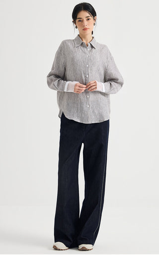 Linen-Silk Striped Contrast-Cuff Shirt