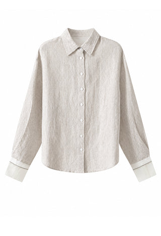 Oatmeal striped linen-silk button-up shirt with white contrast cuffs