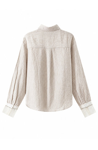 Oatmeal striped linen-silk button-up shirt with white contrast cuffs, back view