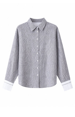 Grey striped linen-silk button-up shirt with white contrast cuffs