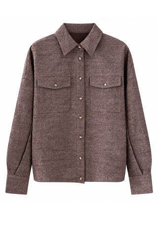 Coffee linen-wool utility jacket, button-front, spread collar, two chest pockets