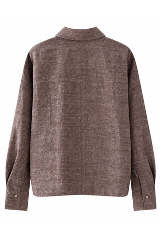 Coffee linen-wool utility jacket, stand collar, relaxed straight back view