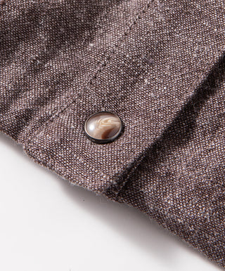 Linen-wool utility jacket button detail on coffee woven fabric