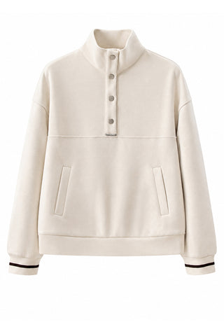 Oatmeal wool-blend high-neck pullover with button placket and side pockets