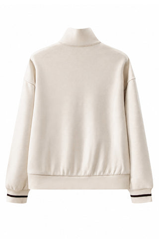 Oatmeal wool-blend high-neck pullover with ribbed cuffs and hem