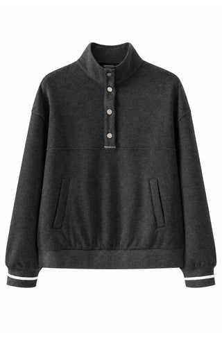 Dark grey wool-blend high-neck pullover with button placket and side pockets